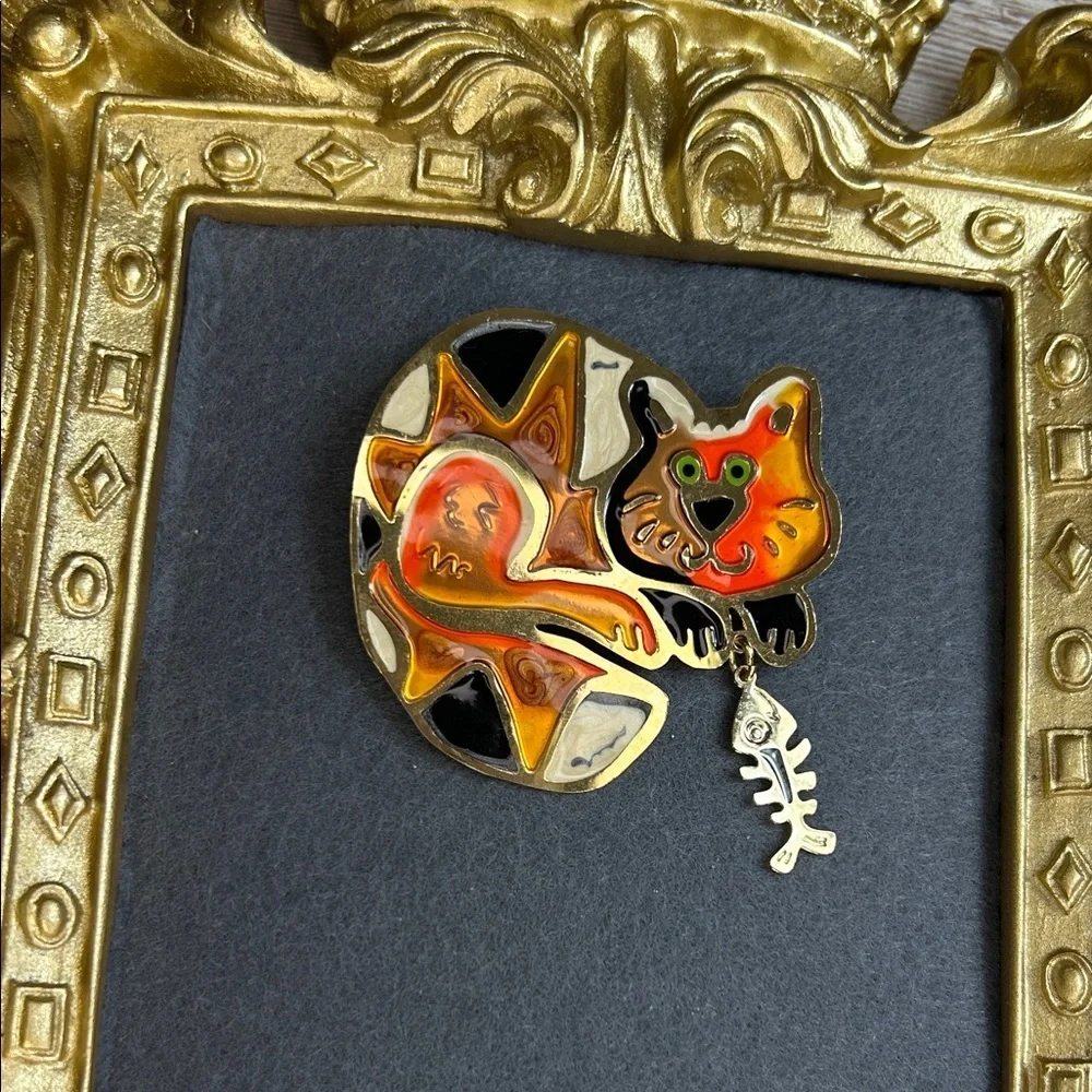 Colorful Cat Brooch with Fish Charm
